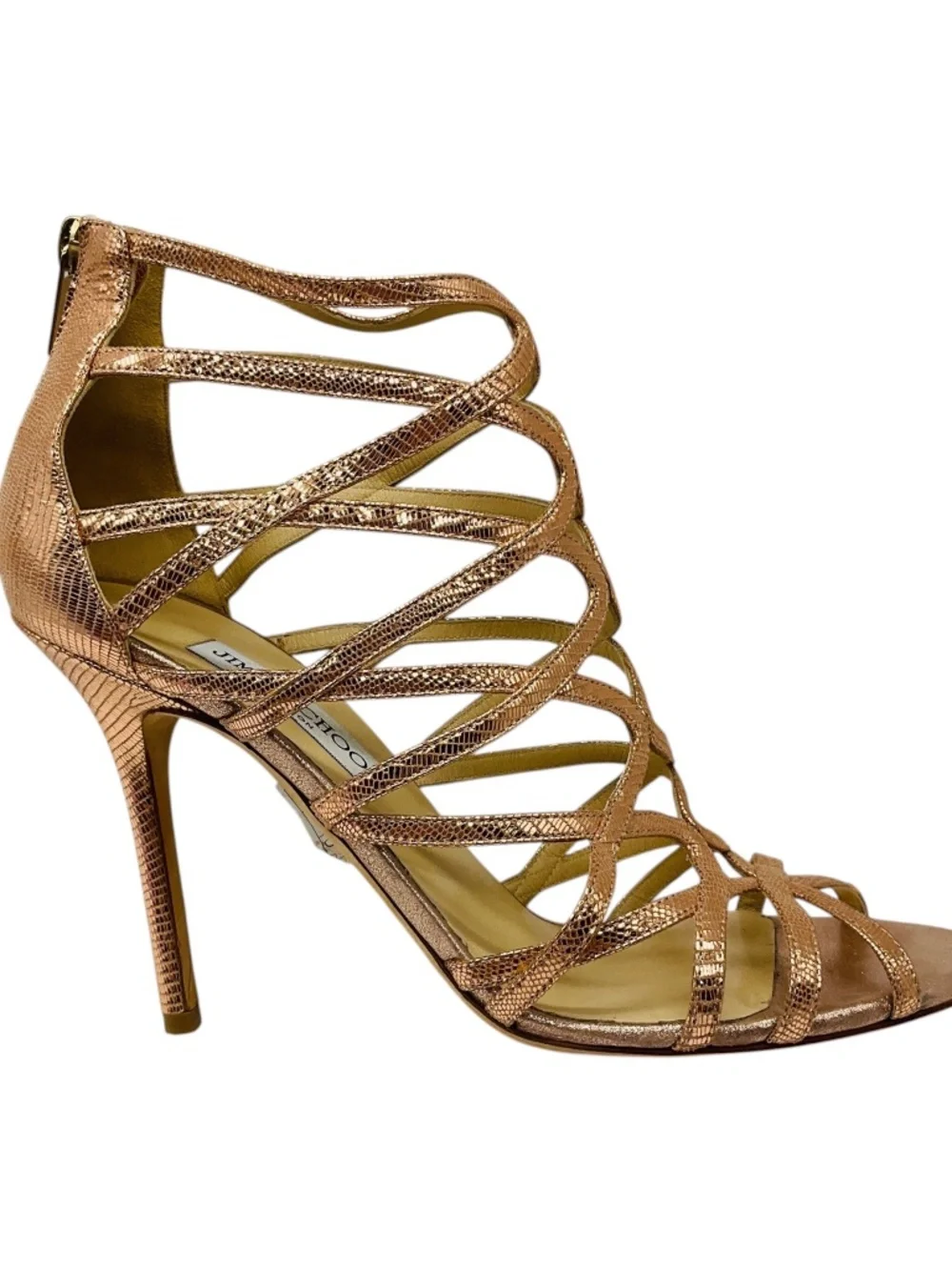 JIMMY CHOO ROSE GOLD METALLIC FIESTA LIZARD PRINT CAGED SANDALS - Picture 2 of 7